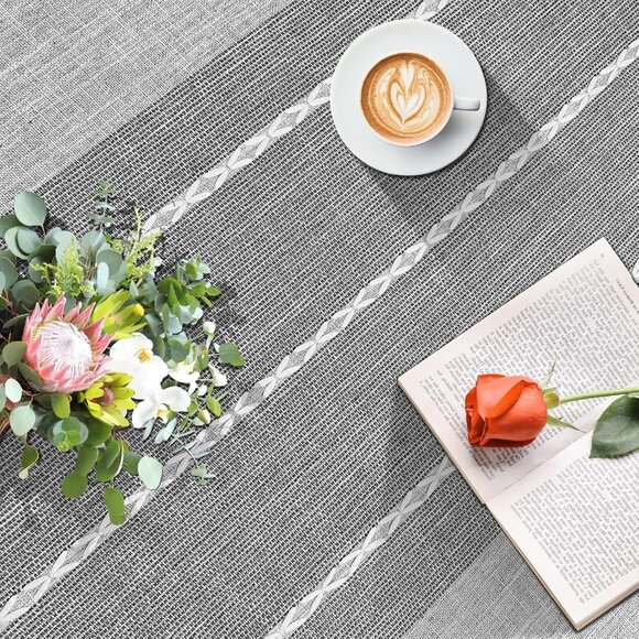 Elegant Grey Gingham Coffee Table Cloth with Tassels - Machine Washable 19"x57" - Picture 6 of 7